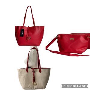 NWT BCBG PARIS WHITE AND RED REVERSIBLE TOTE & CROSSBODY BAG SET #307